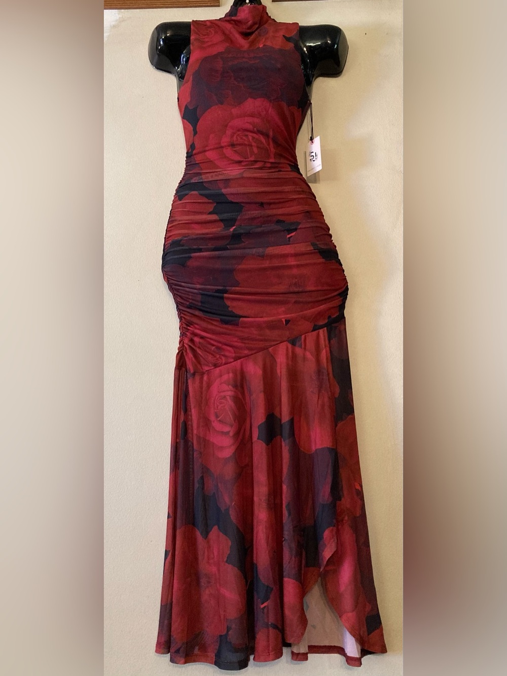 Red Rose Print Ruched Lined Mesh Maxi Dress